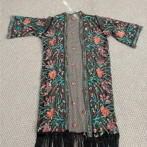 Embroidered Floral Black Kimono Top